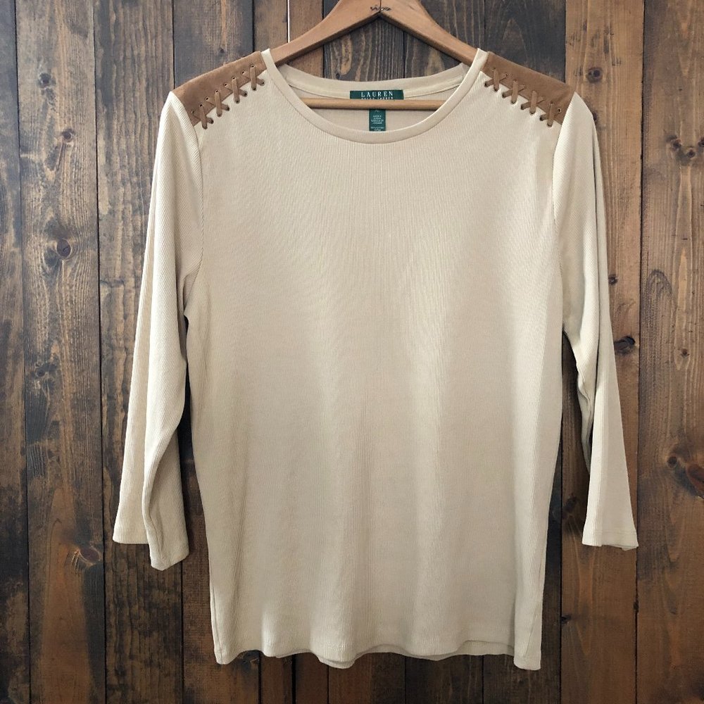 Ralph Lauren Tan 3/4 length shirt with Brown Suede accents